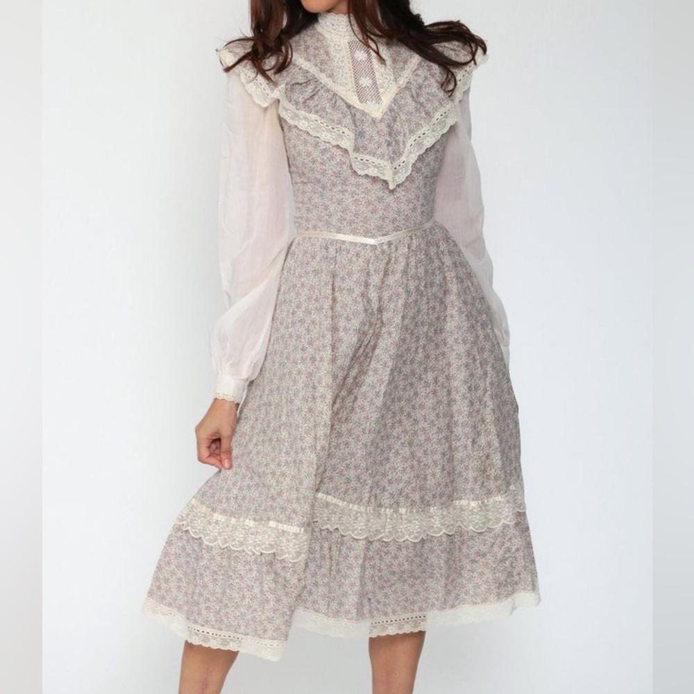Gunne Sax‎ vintage midi Cream floral Ruffled Long Sleeve Sundress Praire country